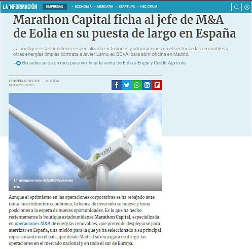 Marathon Capital ficha al jefe de M&A de Eolia en su puesta de largo en Espaa